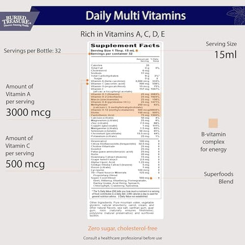 Buried Treasure Daily Nutrition Liquid Multivitamin And Mineral Supplement With Trace Minerals Superfoods Vitamin A Bcomplex C D E Methylfolate Biotin Magnesium Zinc Resveratrol 32 Serv