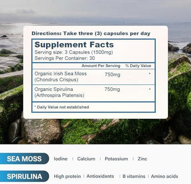 Organic Sea Moss Spirulina, 90 Capsules, 100% Organic Sea Moss Spirulina, Strength & Endurance- High Potency Sea Moss Supplement, Made In Usa, Superfood Capsules For Men & Women, Vegan