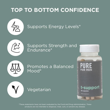 Pure For Men T-Support Supplement Vegetarian Total Support For Men With Maca, Vitamin D, & Ashwagandha, Muscle Health Endurance, Strength, Focus, & Energy Support 60 Capsules