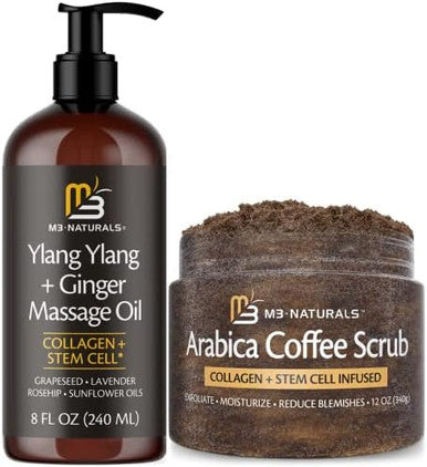 M3 Naturals Ylang & Ginger Massage Oil + Coffee Body Scrub Bundle