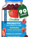 Lifeable Sugar Probiotics With Prebiotics Fiber " Great Tasting Natural Flavor Gummy Supplement " Keto Friendly Chewable " For Gut Health And Immune Support " For Adults Man Women " 90 Gummies