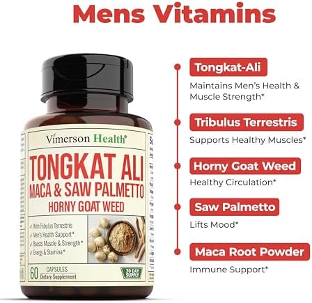 Vimerson Health Multivitamin for Men and Tongkat Ali for Men with Horny Goat Weed Maca Root Powder Tribulus Terrestris Saw Palmetto Extract