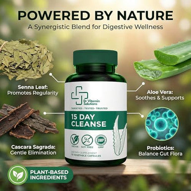 Dr Vitamin Solutions 15 Day Colon Cleanse & Detox For Women And Men Gut Cleanse With Senna Aloe Vera Psyllium Husk & Probiotics Bloating Constipation Relief Gentle Vegan Non-Gmo 15 Capsules - Dr Vitamin Solutions