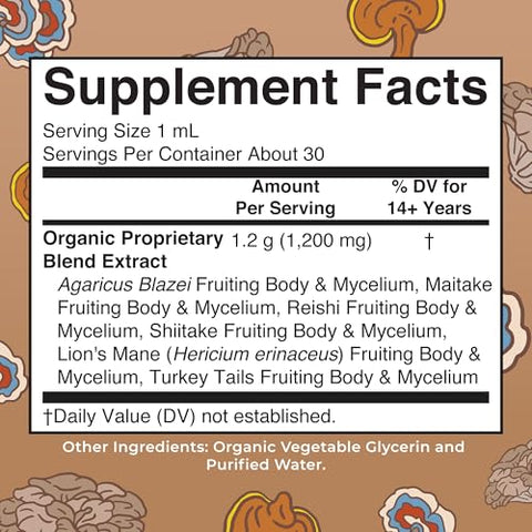 Maryruth'S Mushroom Complex Lion'S Mane Turkey Tail Reishi Mushroom Shiitake Mushrooms Alcohol Free Mushroom Blend Organic Non-Gmo Vegan 30 Servings