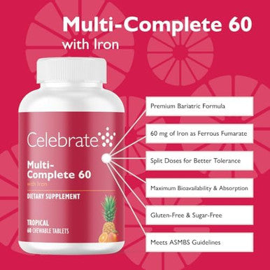 Celebrate Vitamins Multi Complete Chewables 60Mg Iron Daily Bariatric Multivitamin For Sleeve Gastrectomy and Gastric Bypass Surgery Patients Essential Vitamins and Minerals Tropical 60 Tablets