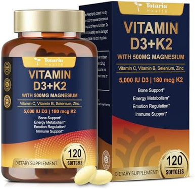Totaria 9-In-1 Magnesium Glycinate 500Mg + Vitamin D3 5000 Iu & K2 Complex - High Absorption - Healthy Stress, Sleep, Muscle Function, Bone Health & Energy Supports Non-Gmo, Gluten- 120 Softgels