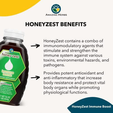 Amazing Herbs Raw Natural Honey Herbal Honey Infused With Ecea Elderberry Garlic Eucalyptus Extracts and Pure Black Seed Oil Non Gmo Gluten Honeyzest Immune Boost 16 Fl Oz