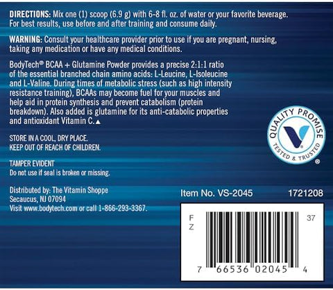 Bodytech Bcaa + Glutamine Powder Supports Muscle Recovery Strength & Endurance Unflavored For Versatile Use (7.3 Oz 30 Servings)