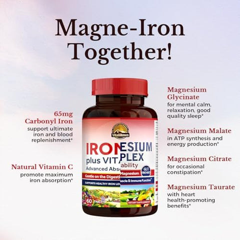 Vitalitown Magnesium Complex Supplement 500mg and 65mg Iron Supplement for Women Men for Sleep Muscle Blood Building and Energy Improvement