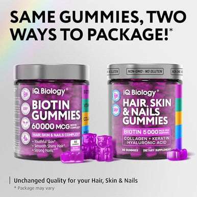 Iq Biology Biotin Gummies For Hair Skin And Nails - Hair Growth Vitamins For Women & Men - Hair Loss Gummy Supplement With Extra Strength Biotin (Vitamin B7) Collagen Keratin & Dht Blocker 60 Chewable Bears