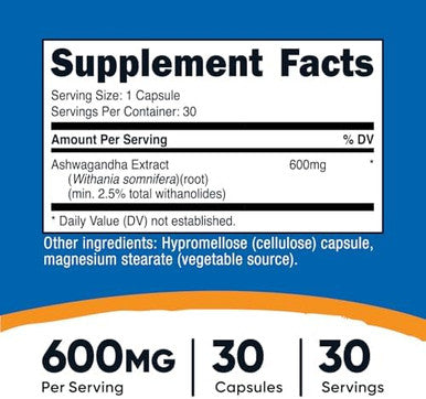 Nutricost Ashwagandha Root Extract Herbal Supplement 600Mg 30 Capsules Vegetarian Gmo Gluten