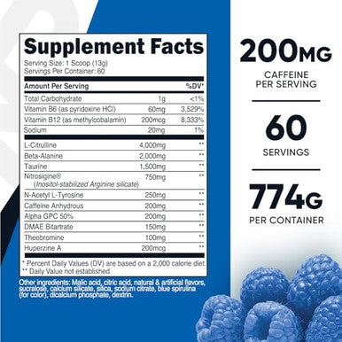 Nutricost Preworkout Complex Powder (60 Servings Blue Raspberry) Preworkout Supplement With Betaalanine Taurine & Amino Acids