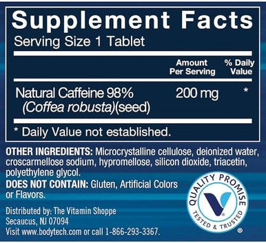 Bodytech Natural Caffeine Supports Energy, Focus & Endurance - 200 Mg (100 Tablets)