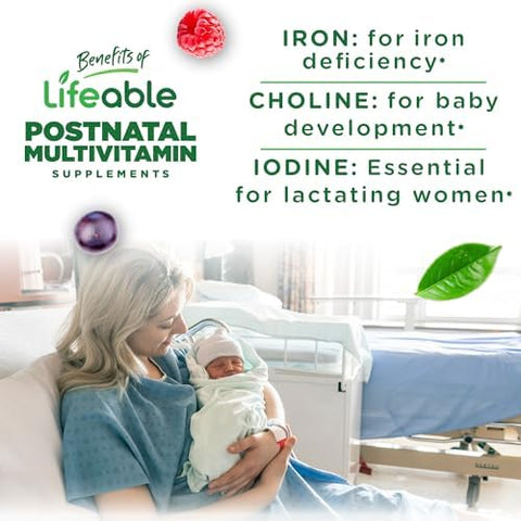 Lifeable Postnatal Multivitamin with Iron Choline and Iodine Great Tasting Postnatal Vitamins for Women Breastfeeding Vegetarian NonGMO Lactation Supplement 90 Gummies