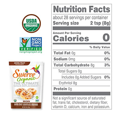 Swerve Organic Monk Fruit Brown Sugar Replacement Sweetener, 8 Ounce (Pack of 2)