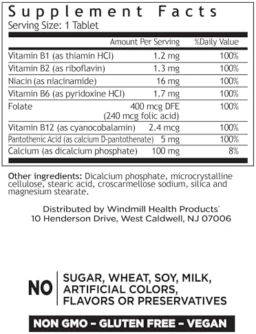 Windmill Natural Vitamins B Complex (100% Daily Value) Boost Energy Production and Promote Metabolism 100 Tablets 100 Servings