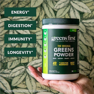 Greens First Original Greens Powder 49 Superfoods Organic Fruits & Veggies Prebiotics Probiotics & Digestive Enzymes Antioxidant Smoothie Dairy Vegan & Nongmo (Mint 30 Servings)