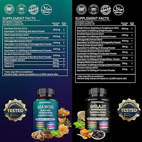 Shilajit and sea Moss Combo Shilajit Capsules Added Ashwagandha Sea Moss Ginger and Black Seed Oil Rhodiola Rosea Panax Ginseng Seamoss and shilajit Bundle All in one Supplement