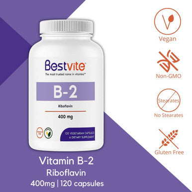 Vitamin B-2 (Riboflavin) 400mg (120 Vegetarian Capsules) - No Stearates - Vegan - Non GMO - Gluten Free