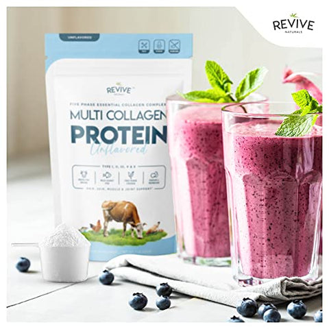 Revive Naturals Multi Collagen Hydrolyzed Protein Powder (16Oz) - Types I Ii Iii V & X - Grass Fed Bovine (Peptan ) Wild Caught Marine Free Roaming Chicken & Eggshell Collagen Peptides Non-Gmo Gf