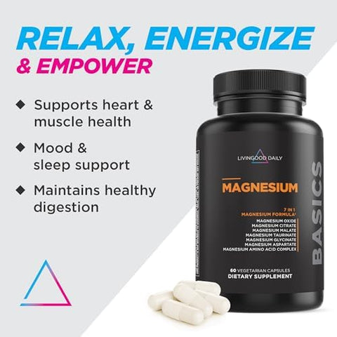 Livingood Daily Magnesium Supplement With Magnesium Glycinate Citrate Malate Oxide Aspartate Amino Acid Complex And Chicory Root For Heart Health Sleep And Muscle Support 300Mg 60 Capsules