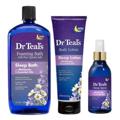 Dr Teals Melatonin Sleep Bath Set (Foaming Bath (34 Oz)Body Lotion (8 Oz)& Sleep Spray (6Oz) - Stress Relief Lavender & Melatonin Promotes Better Sleep