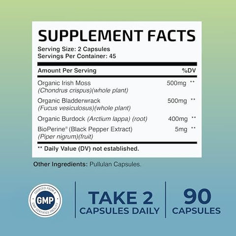 Irish Sea Moss Capsules with Organic Irish Moss 300mg Burdock Root and 500mg Bladderwrack Powder 45Day Supply 1300mg Complex Provides Iodine for Thyroid and Immune Support 90 Veggie Pills