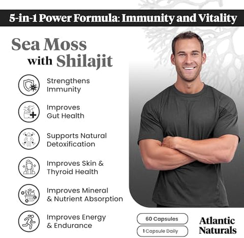 Atlantic Naturals Sea Moss Superfood Bundle Sea Moss with Shilajit 5in1 Capsules and Sea Moss Powder with Ashwagandha Beet Root and Maca Root Enhanced Vitality Skin and Athletic Support 60 ct and 150g