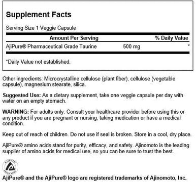 Swanson Amino Acid Ajipure Taurine Pharmaceutical Grade 500 Milligrams 60 Veg Capsules