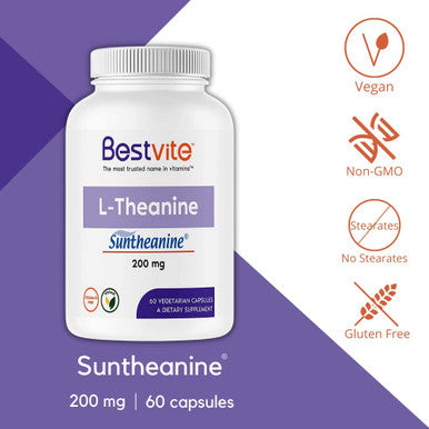 L-Theanine 200mg with Patented and Clinically Studied Suntheanine (60 Vegetarian Capsules) No Stearates - No Flow Agents