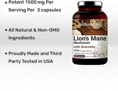 NatureBell Lions Mane with Quercetin Supplements Lions Mane Quercetin 1515mg Per Serving 180 Capsules 2 in 1 Formula Supports Healthy System Premium Lions Mane Brain Health Supplement NonGMO