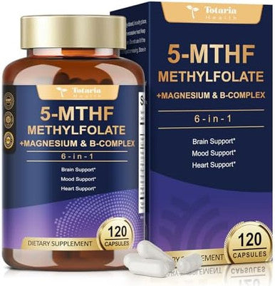 Totaria L Methylfolate 15Mg 5-Mthf With B-Complex & Dual Magnesium Active 5-Mthf Form + Methyl B12 Supports Methylation, Cellular Function & Energy Metabolism Non-Gmo, Gluten (120 Capsules)