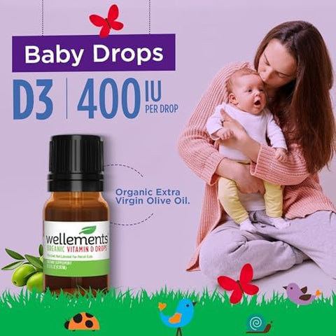 Wellements Baby Organic Vitamin D Drops for Infants and Toddlers (90Day Supply) Certified Newborn+ Liquid Vitamin D3 Drops Support Healthy Growth and Bone Development 400 IU per Drop (1 Drop Daily)