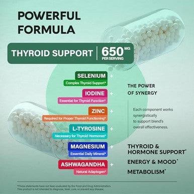 Thyroid Support For Women - Selenium 200 Mcg Zinc & Iodine L-Tyrosine Magnesium Adaptogen Herbs - 21-In-1 Antioxidant & Immune Support - Vegan, Non-Gmo, Lab Tested - 60 Capsules, Made In Usa
