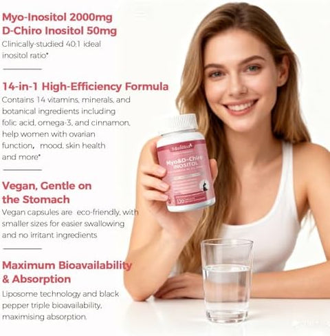 Mulittea MyoInositol and DChiro Supplement for Women 14in1 Liposomal Inositol with Folic AcidOmega3 and Multivitamin for Hormone BalanceSupport OvarianSkin and Mood 40: 1 Vegan 120 Capsules