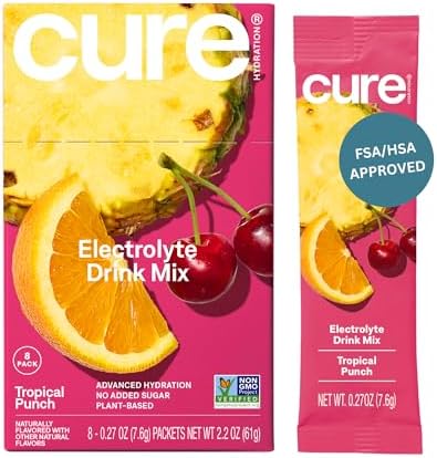 Cure Hydration Plantbased Electrolyte Drink Mix No Added Sugar Dehydration Relief Coconut Water Powder Fsahsa Eligible Nongmo Vegan 8 Packets " Tropical Punch