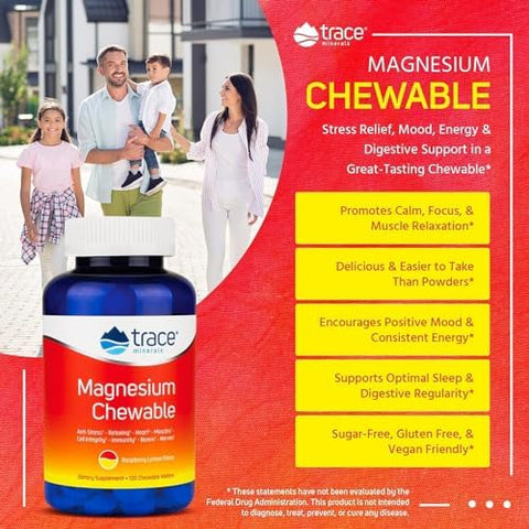 Trace Minerals Magnesium Chewable Supplement Promotes Calm Focus and Muscle Relaxation Supports Optimal Sleep and Digestion Sugar Free Raspberry Lemon 120 ct 30 Servings