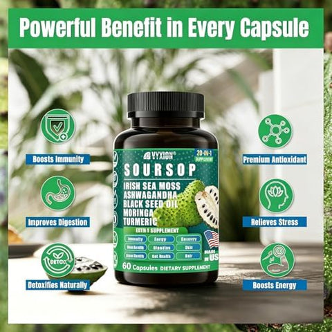 Soursop Graviola Supplement with Sea Moss Moringa Turmeric Black Seed Oil Oregano Ashwagandha 20inOne Herbal extracts for Overall HealthEnhancing Vegan NonGMO 60 Capsules