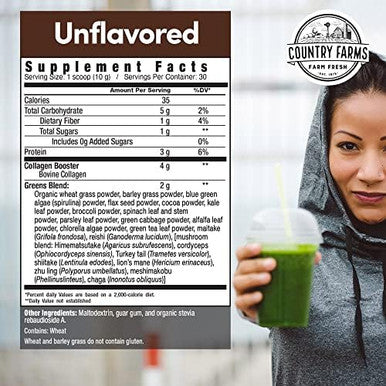 Country Farms Collagen Peptides Powder With Greens Dietary Powder Supplement 10.6 Oz 30 Servings