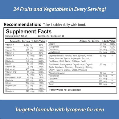 For Men, All Natural, Multivitamin, Multimineral, And Antioxidant, With 24 Fruits And Vegetables 1 Month Supply.