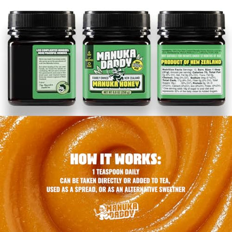 Manuka Daddy - Raw & Certified, MGO 100+ Manuka Honey, 100% Pure, Non-GMO, Direct from New Zealand, Daily Wellness, Family-Owned, 8.8oz (250g)