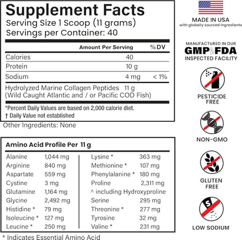 E1P Wild Caught Marine Collagen Peptides Powder 440Grams (40 Servings) Unflavored Msc-Certified Non-Gmo Third-Party Lab Tested