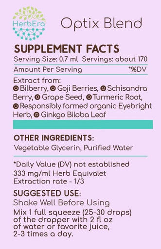Optix Blend B120 Alcohol-Free Extract Tincture: Bilberry, Ginkgo Biloba Leaf, Goji Berries, Schisandra Berry, Grape Seed, Turmeric Root. Eyebright Herb. Eye Health Formula 4 Fl Oz