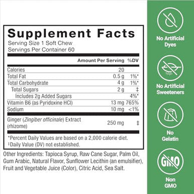 Force Factor Ginger Chews For Nausea Relief Motion Sickness And Morning Sickness Ginger Supplement With Vitamin B6 For Digestive Support Nongmo Honey Lemon Ginger Flavor 60 Soft Chews