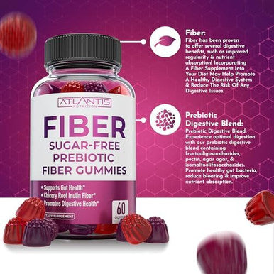 Atlantis Nutrition Sugar Prebiotic Fiber Gummies For Adults 2-Pack (120 Gummies) + Supergreens 60 Gummies