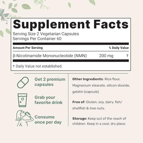 Micro Ingredients Nmn 200Mg Per Serving 120 Veggie Capsules 60 Servings Easily Absorbed Nicotinamide Mononucleotide Form Nad+ Precursor and Nr Supplement Alternative NonGmo Vegan
