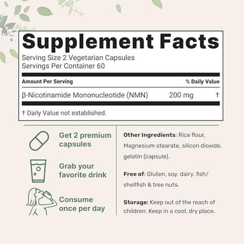 Micro Ingredients Nmn 200Mg Per Serving 120 Veggie Capsules 60 Servings Easily Absorbed Nicotinamide Mononucleotide Form Nad Precursor & Nr Supplement Alternative Non-Gmo Vegan