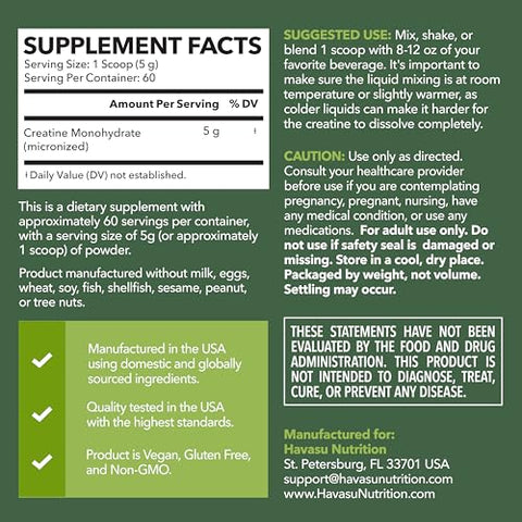 Havasu Nutrition Micronized Creatine Monohydrate Powder - Post Workout Recovery Drink - Muscle Strength And Energy Production - 5G Unflavored Non-Gmo Vegan And Gluten Free Creatine Powder For Men 60 Servings