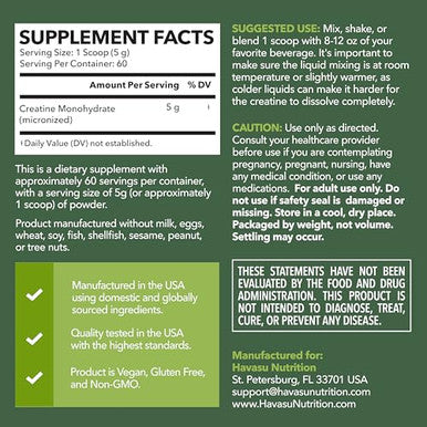 Havasu Nutrition Micronized Creatine Monohydrate Powder - Post Workout Recovery Drink - Muscle Strength And Energy Production - 5G Unflavored Non-Gmo Vegan And Gluten Free Creatine Powder For Men 60 Servings