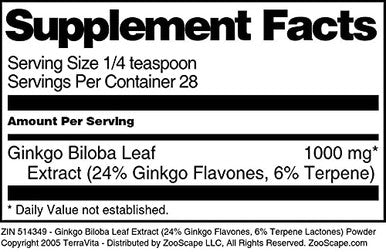 Terravita Ginkgo Biloba Leaf Extract (24% Ginkgo Flavones, 6% Terpene Lactones) Powder (1 Oz, Zin: 514349)